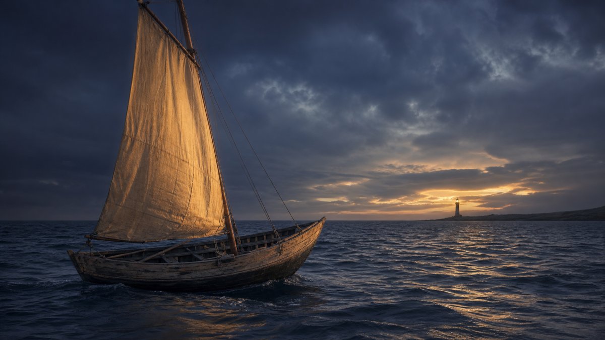 Voilier solitaire au crépuscule avec phare à l'horizon — trajectoire émotionnelle