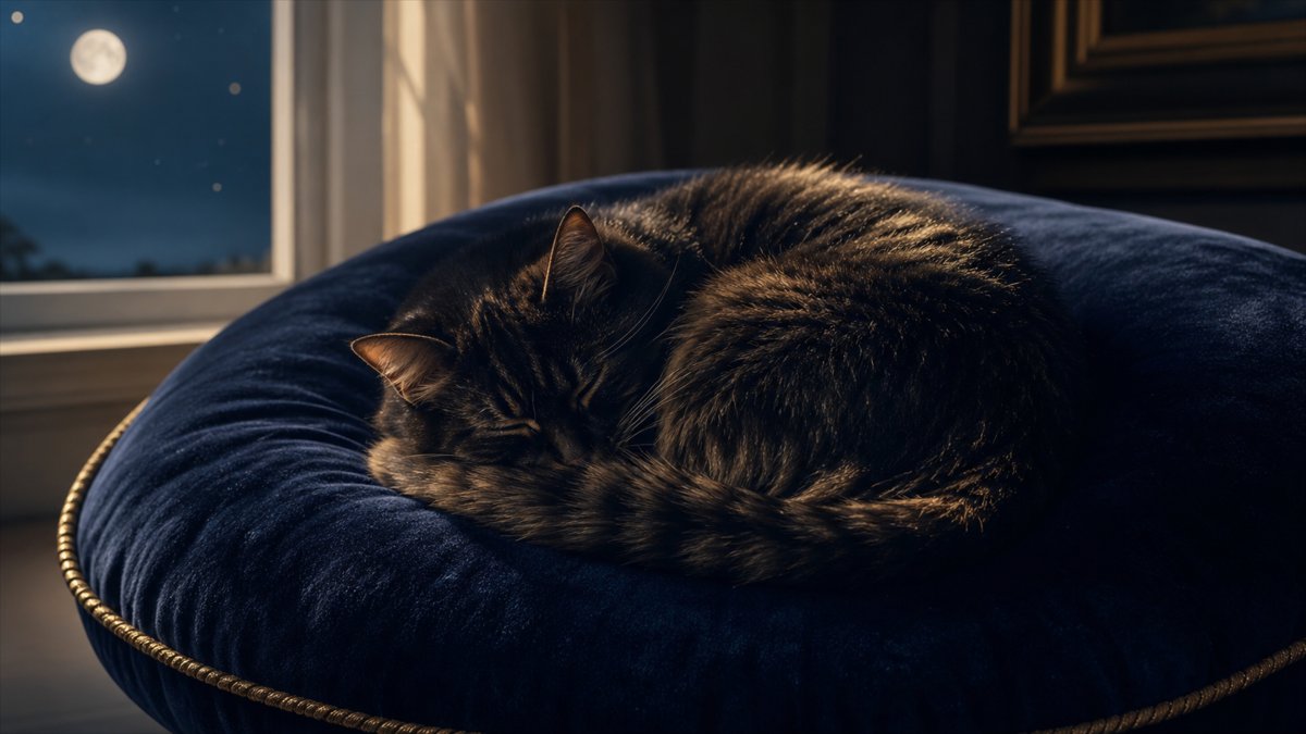 Chat paisible endormi sur velours marine au clair de lune — intuition et indépendance assoupies