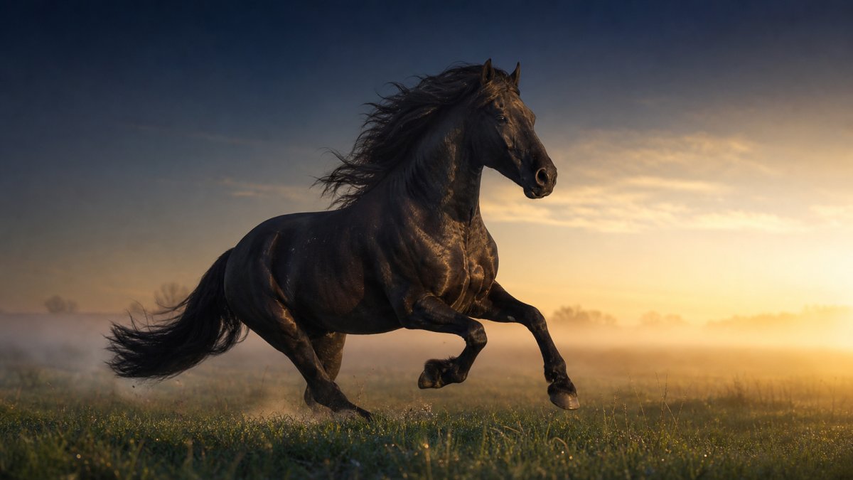 Cheval sombre galopant libre dans la brume à l'aube — puissance et liberté