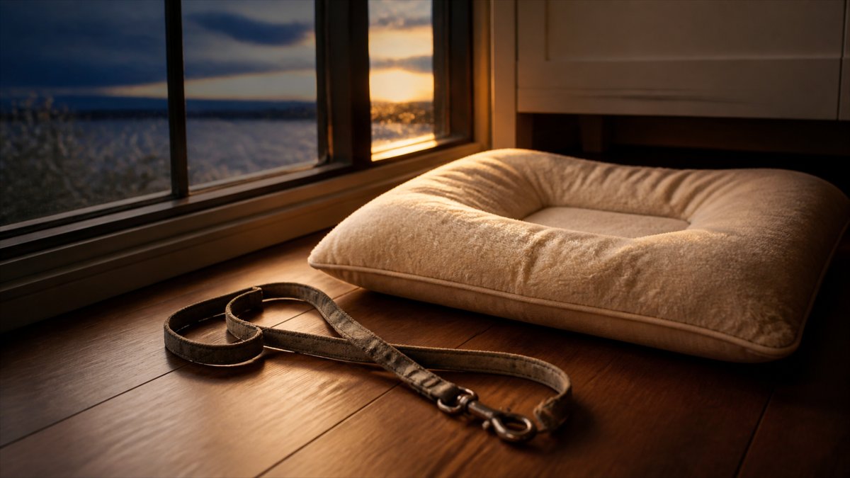 Laisse et coussin vide près de la fenêtre au crépuscule — absence du compagnon fidèle