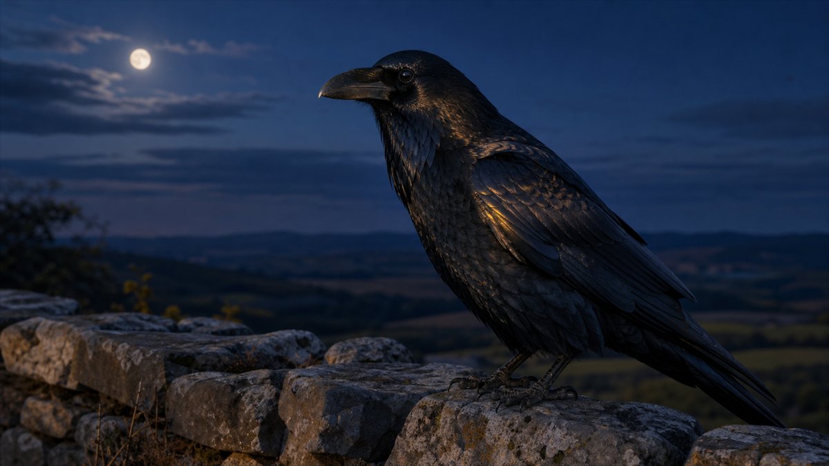 Corbeau noir sur vieux mur de pierre au crépuscule — messager du subconscient