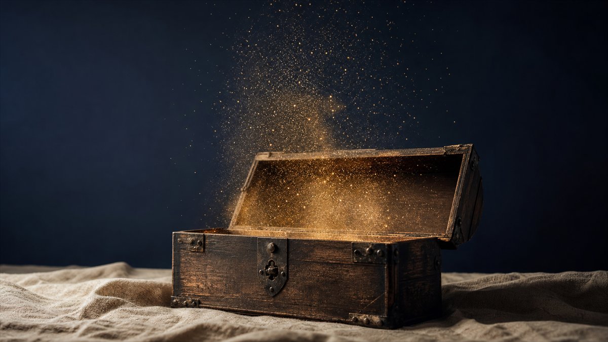 Coffret ancien ouvert avec particules dorées s'élevant — métaphore de la libération