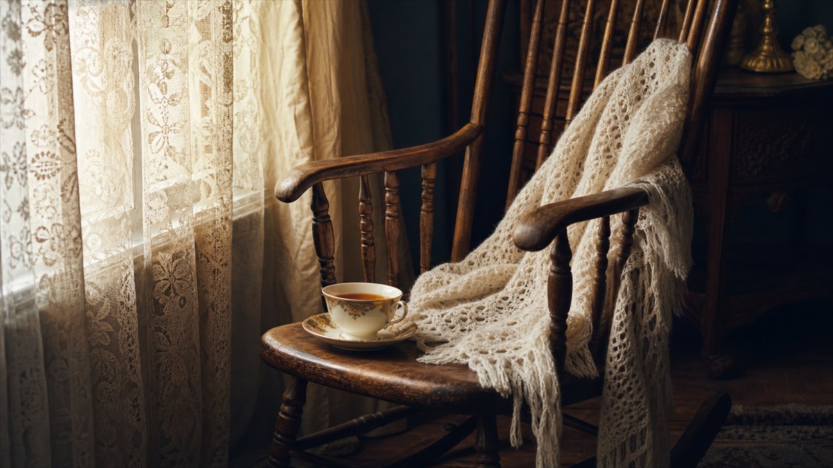 Tasse de thé et châle sur fauteuil à bascule près de la fenêtre — mémoire et tendresse