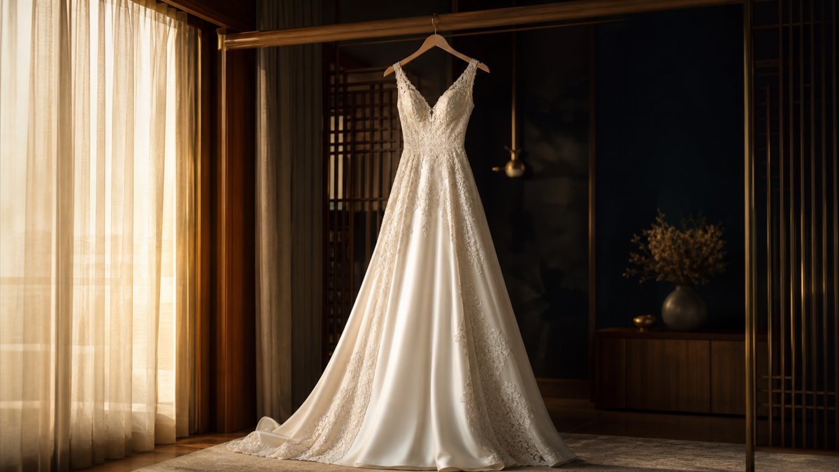 Robe de mariée blanche sur cintre à l'heure dorée — union et engagement
