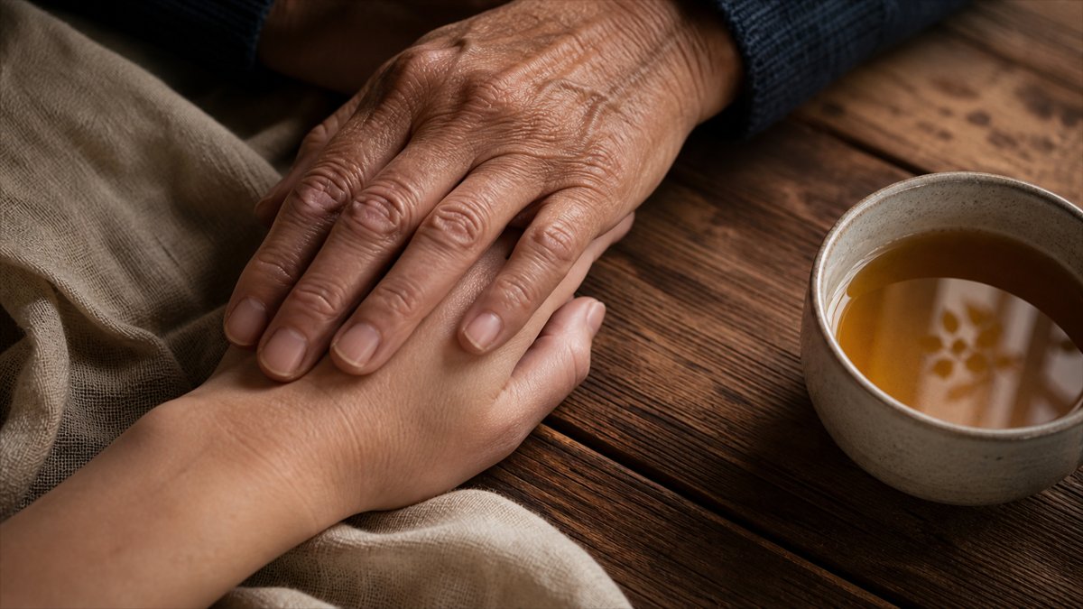 Mains unies autour d'une tasse de thé — transmission et tendresse maternelle