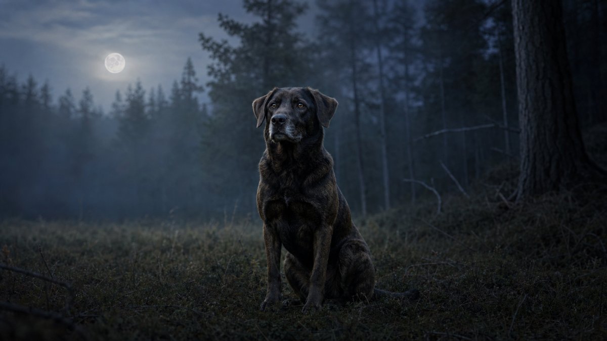 Chien noble dans une clairière brumeuse au crépuscule