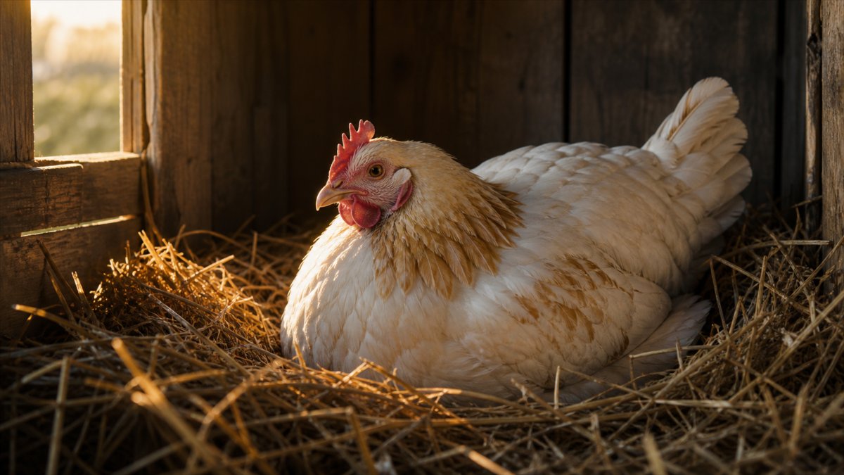 Poule couvant paisiblement dans la paille à l'aube — foyer et protection