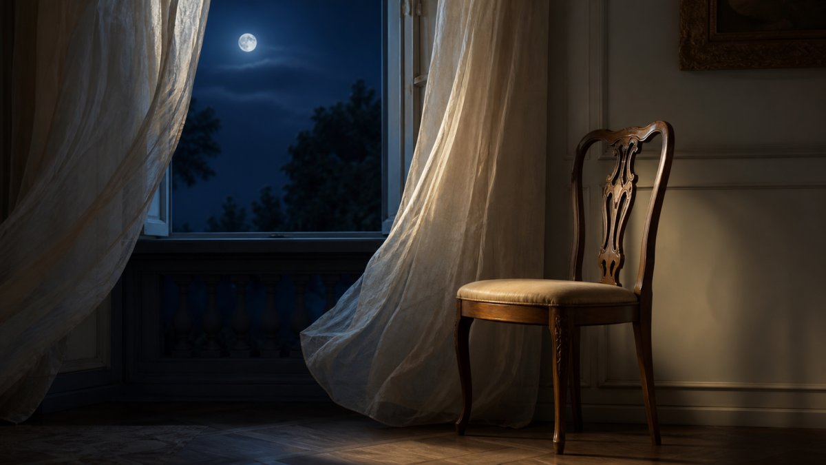 Chaise vide à la fenêtre au crépuscule — absence et réflexion