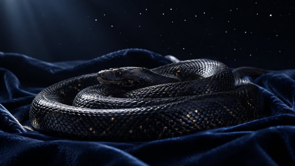 Serpent noir lové sur tissu velours minuit — atmosphère onirique