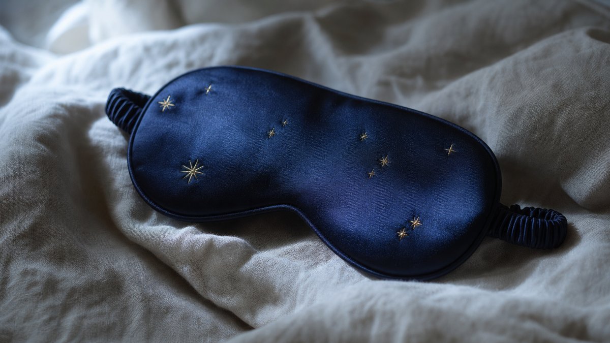 Masque de sommeil en soie navy sur draps de lin au clair de lune — restauration nocturne