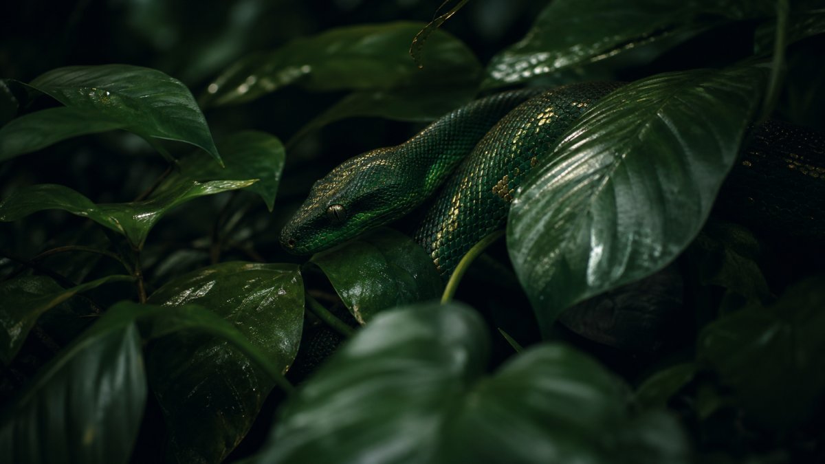 Serpent vert émeraude dans le feuillage tropical — ambiguïté du vert