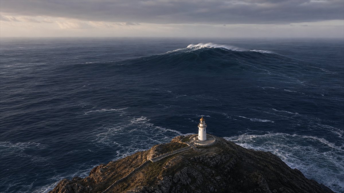 Vue aérienne d'une vague immense avec un phare blanc sur une falaise — contemplation océanique