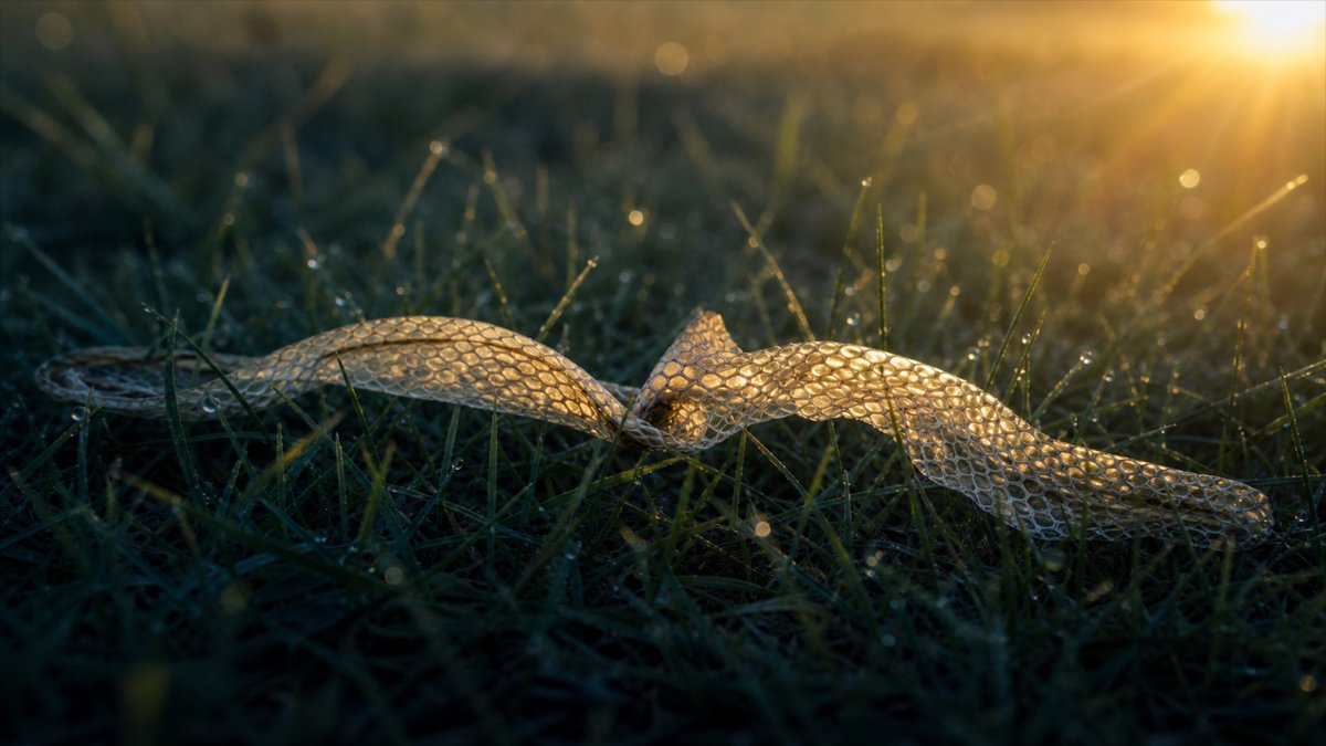 Peau de serpent abandonnée sur l'herbe à l'aube — victoire et mue